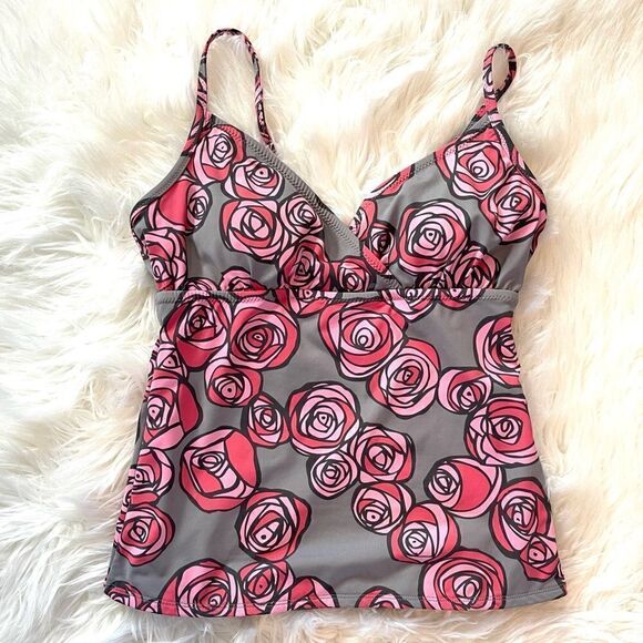 Garnet Hill Floral Gray & Pink Tankini Top | SZ 4 - Picture 1 of 8
